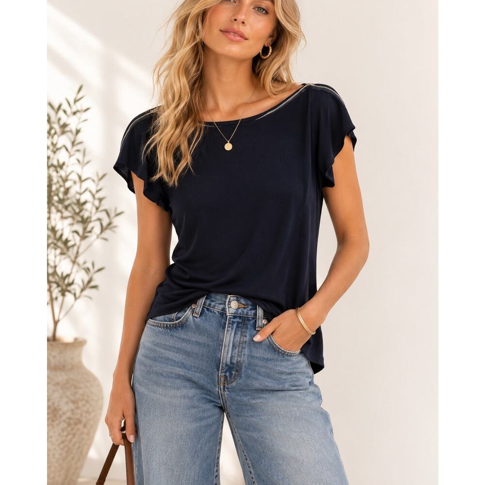Bailey 44 Navy Blue Zip Boat Neck Y2K Blouse Womens L Preppy Girly Short Sleeve